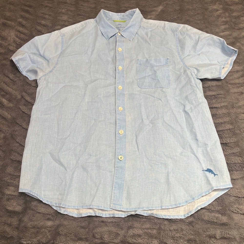 Tommy Bahama Relax Mens Large Light Blue 100% Linen Short Sleeve Button Up Shirt